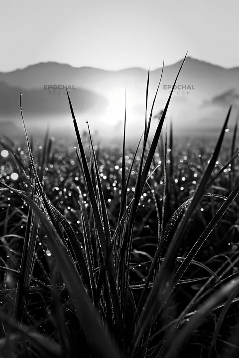Miyazaki sunrise over dew-covered sedges in a meadow - AI-generated stock image