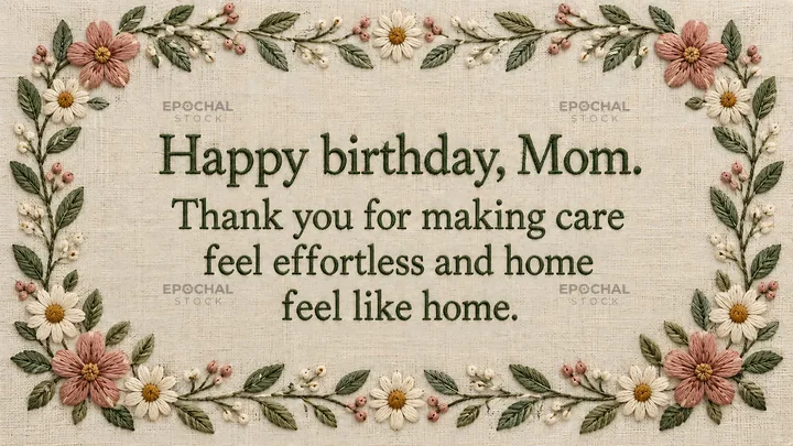 Floral birthday greeting for Mom on woven linen - AI-generated stock image
