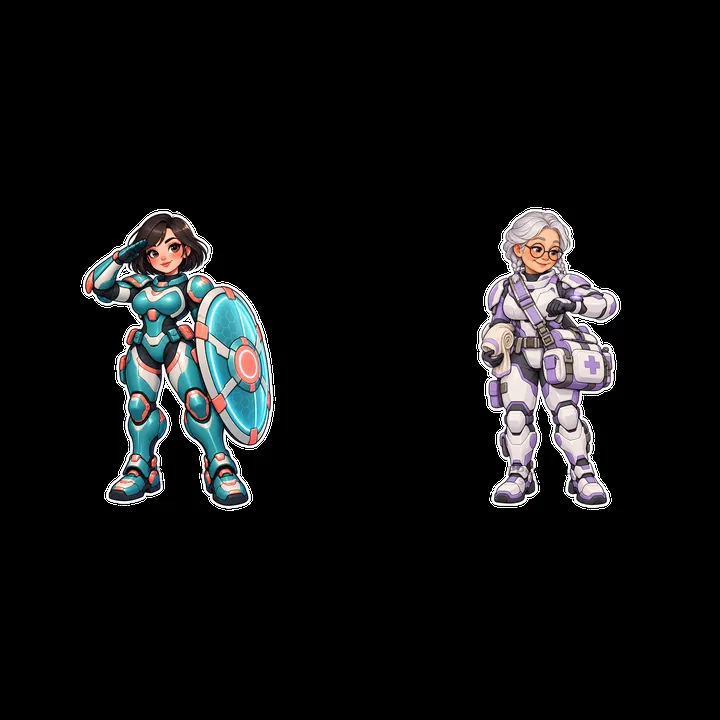 Kawaii futuristic super-soldier duo with shield and medical gear - AI-generated stock image