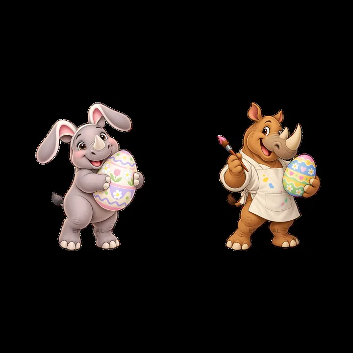 Easter rhinoceros and rabbit holding decorated eggs together - AI-generated stock image