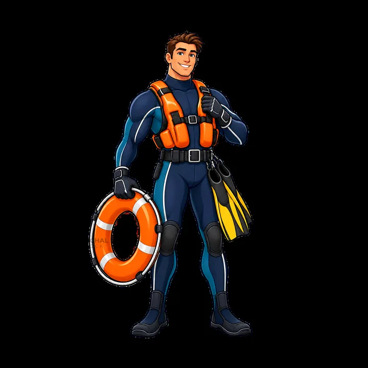 Cartoon character in dive suit with life ring and fins - AI-generated stock image