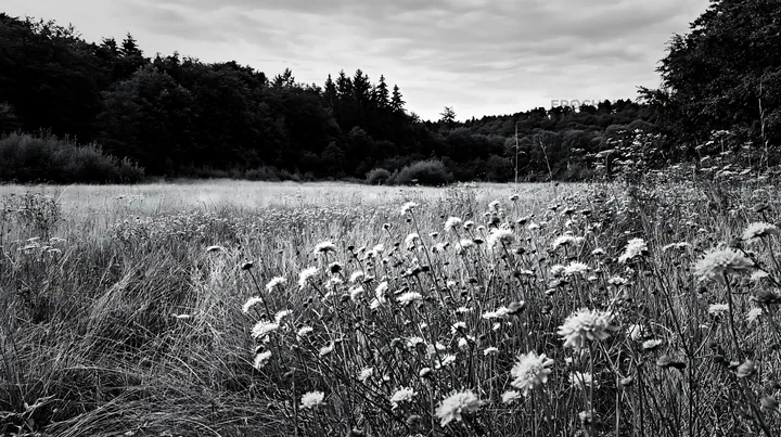 Meadow with wildflowers in a forest opening - AI-generated stock image