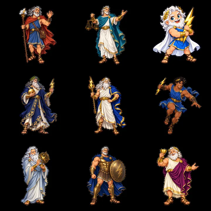 Zeus in various poses with symbols of power and authority - AI-generated stock image
