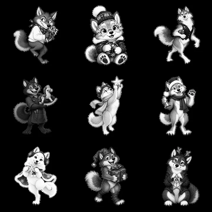 Christmas wolves in various poses with festive accessories - AI-generated stock image