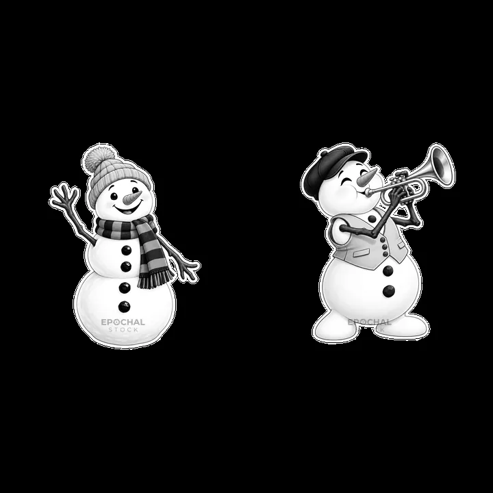 Two cheerful snowmen, one waving and one playing trumpet - AI-generated stock image