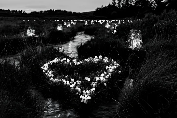 Christmas lanterns beside stream in meadow at dusk - AI-generated stock image