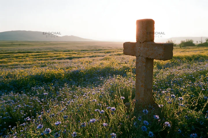 Christian cross in backlit summer meadow with wildflowers - AI-generated stock image