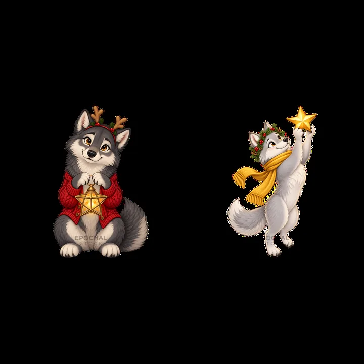 Christmas wolves with gifts in festive attire - AI-generated stock image