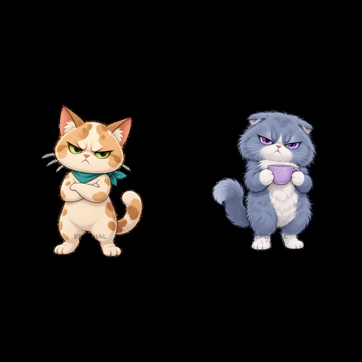 Kawaii grumpy cat stickers with crossed arms and cup - AI-generated stock image