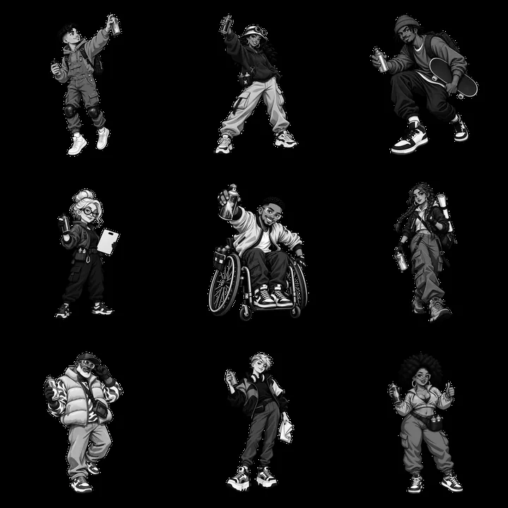 Graffiti artists expressing style in streetwear setting - AI-generated stock image
