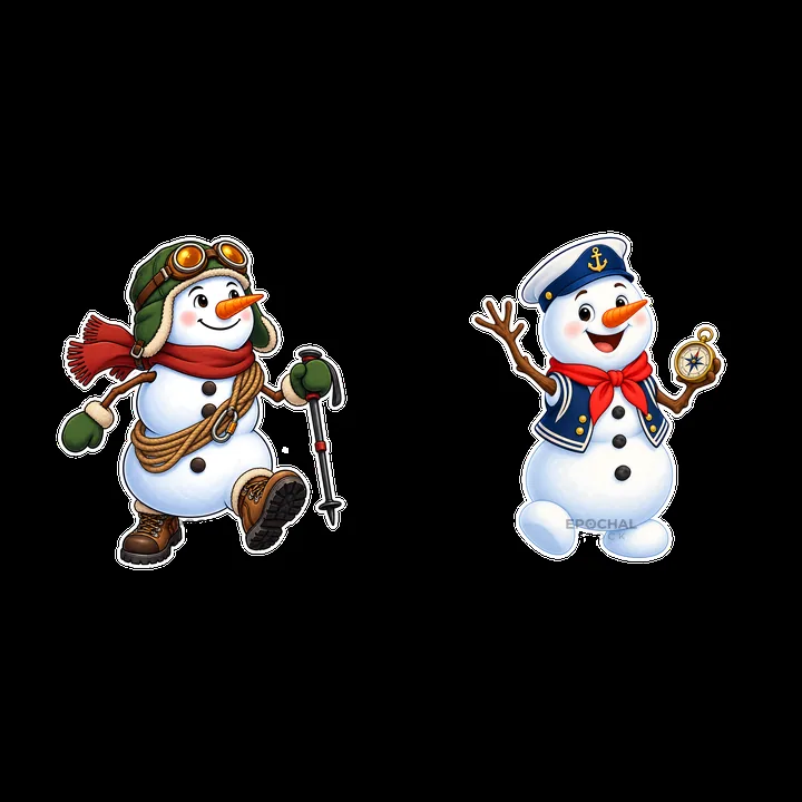 Two snowmen are shown in playful poses - AI-generated stock image