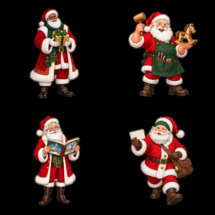 Santa Claus characters in festive activities and outfits - AI-generated stock image