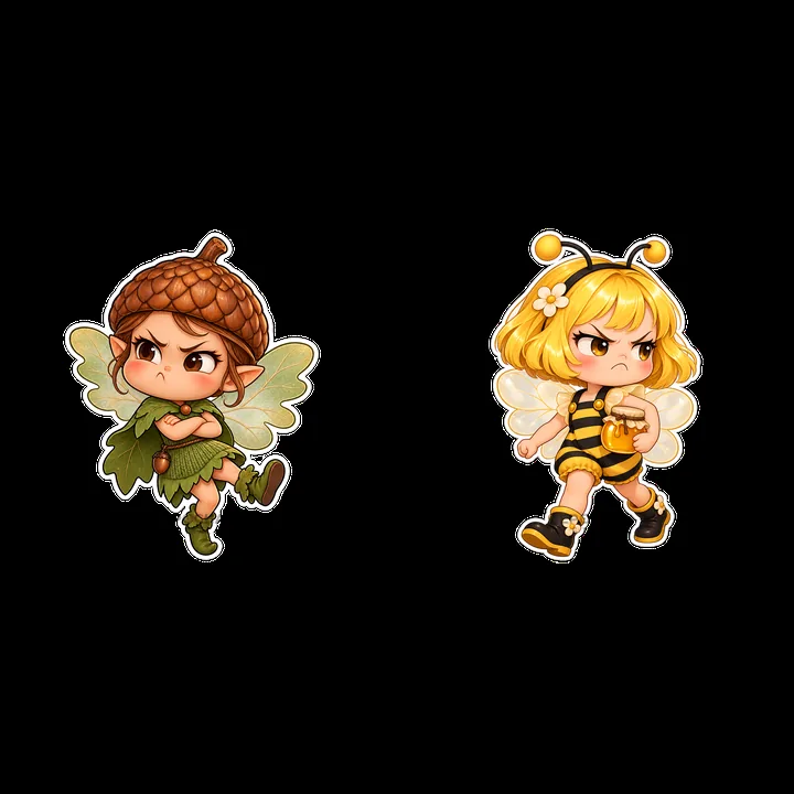 Grumpy fairy and bee character stickers in a playful design - AI-generated stock image