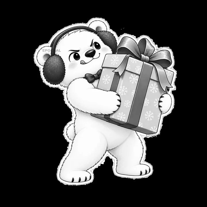 Polar bear with Christmas gift wearing earmuffs and bow tie - AI-generated stock image