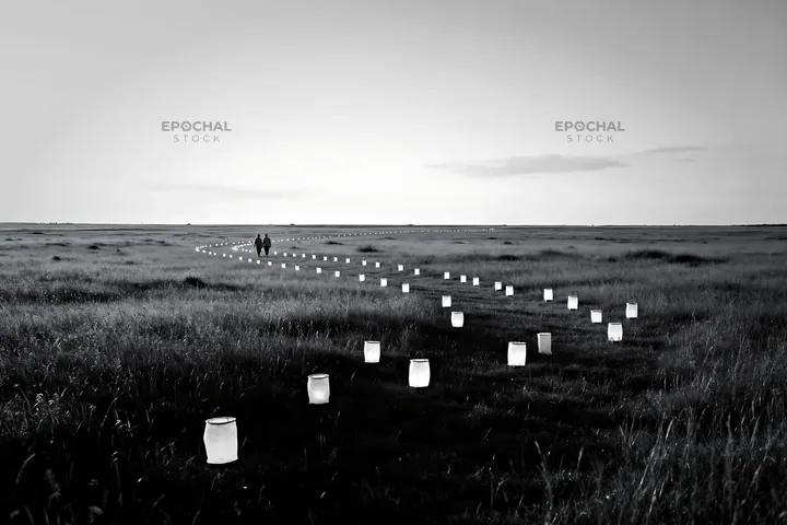 Lanterns glow in a meadow during twilight hours - AI-generated stock image