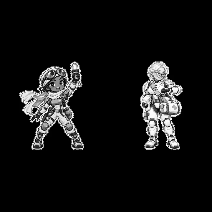 Kawaii futuristic super-soldier duo with accessories and action poses - AI-generated stock image