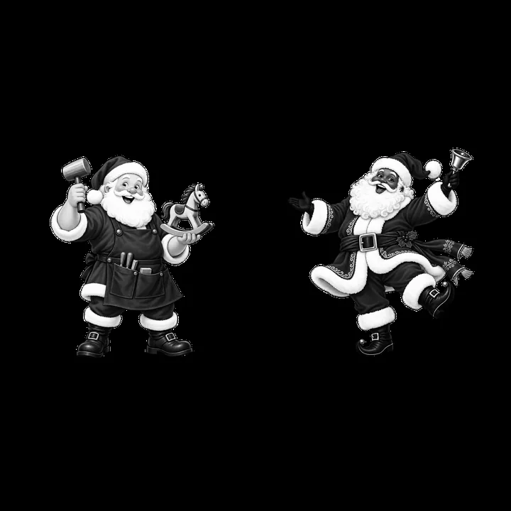 Santa Claus holding a toy and ringing a bell in black and white - AI-generated stock image