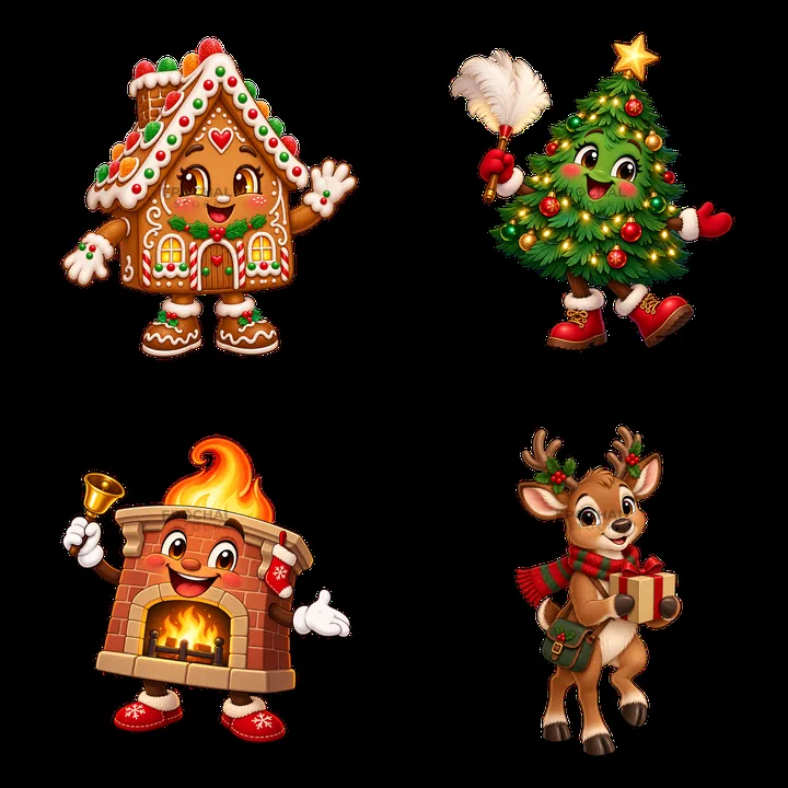 Christmas house characters in a 2x2 arrangement - AI-generated stock image