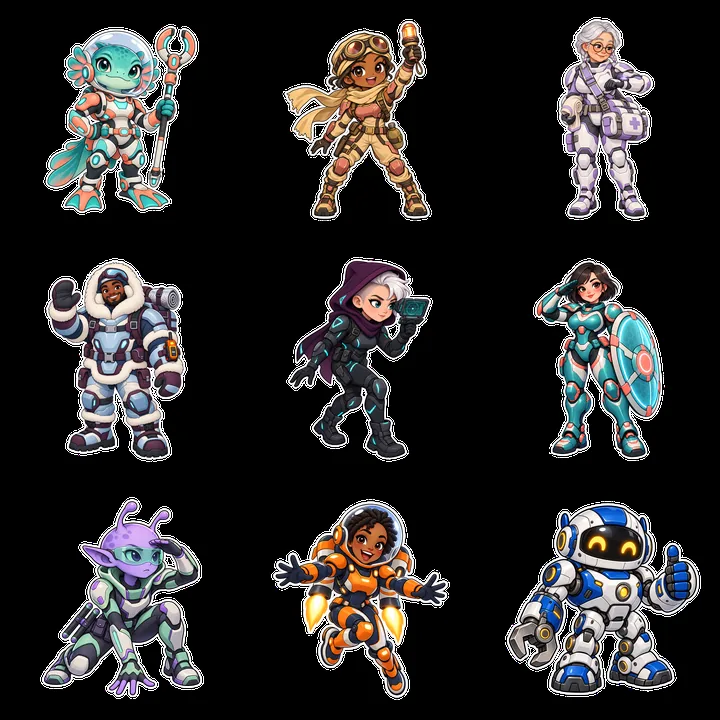 Kawaii characters as futuristic super-soldiers in a grid layout - AI-generated stock image