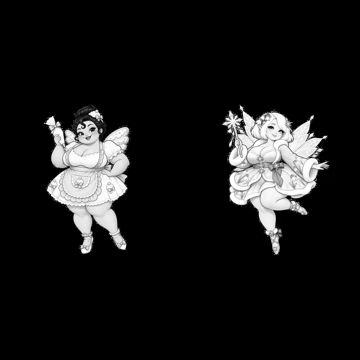 Kawaii ultra-fat fairies with wands and accessories in monochrome - AI-generated stock image