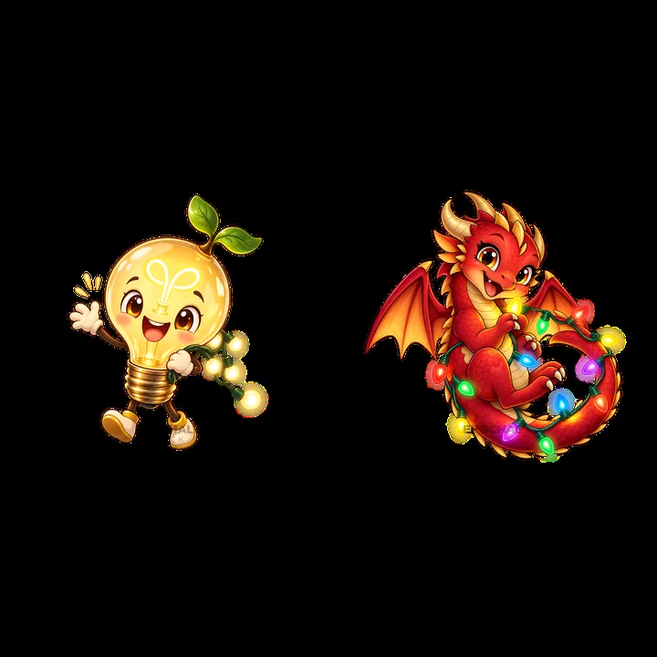 Cheerful light bulb character and playful dragon with string lights - AI-generated stock image