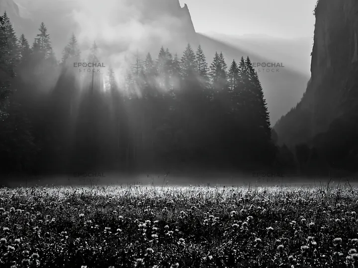 Lauterbrunnen Valley meadow with light rays through trees - AI-generated stock image
