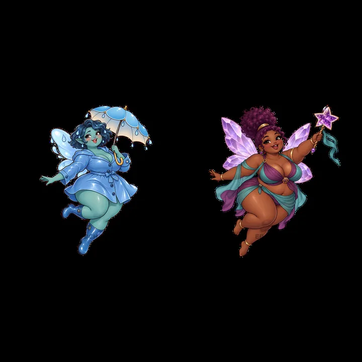 Kawaii ultra-fat fairies with an umbrella and a magical wand - AI-generated stock image