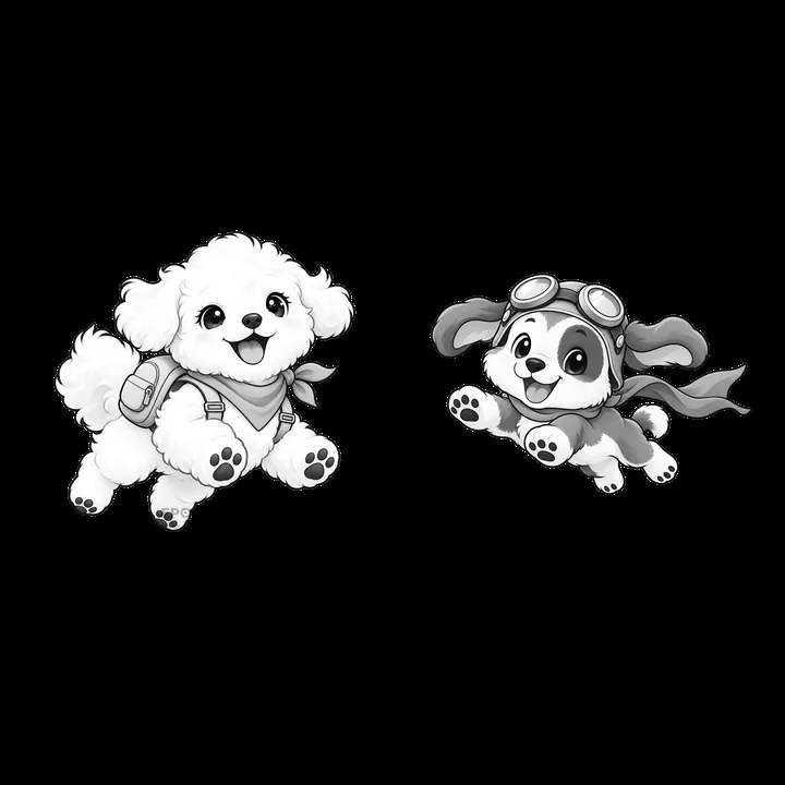 Two cartoon dogs wearing accessories in playful positions - AI-generated stock image