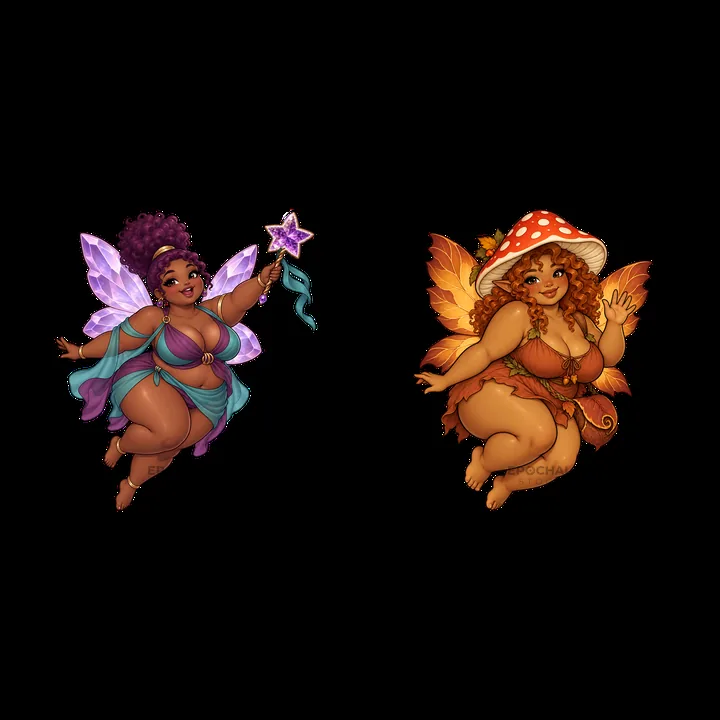 Kawaii ultra-fat fairies with magic wand and leaf wings - AI-generated stock image