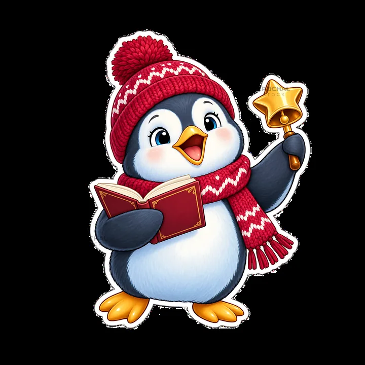 Happy penguin singing with a book and a golden bell for Christmas - AI-generated stock image