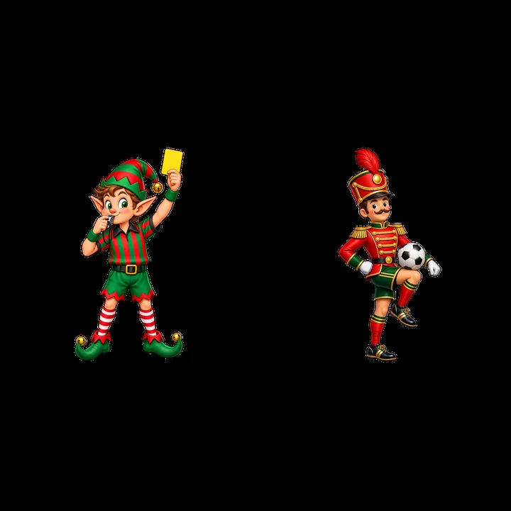 Christmas elf and toy soldier playing soccer - AI-generated stock image