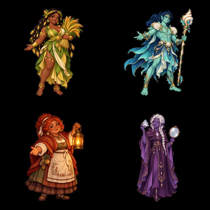 Pagan gods represented by diverse female figures in vibrant colors - AI-generated stock image