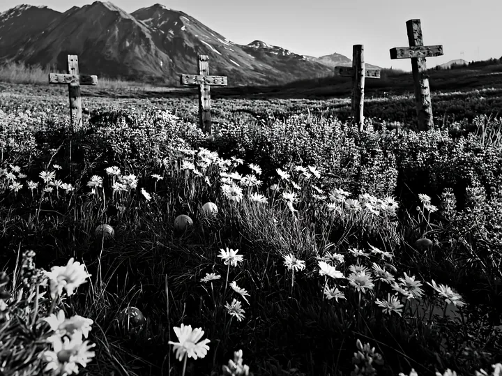 Crosses beside mineral spring meadow in black and white - AI-generated stock image
