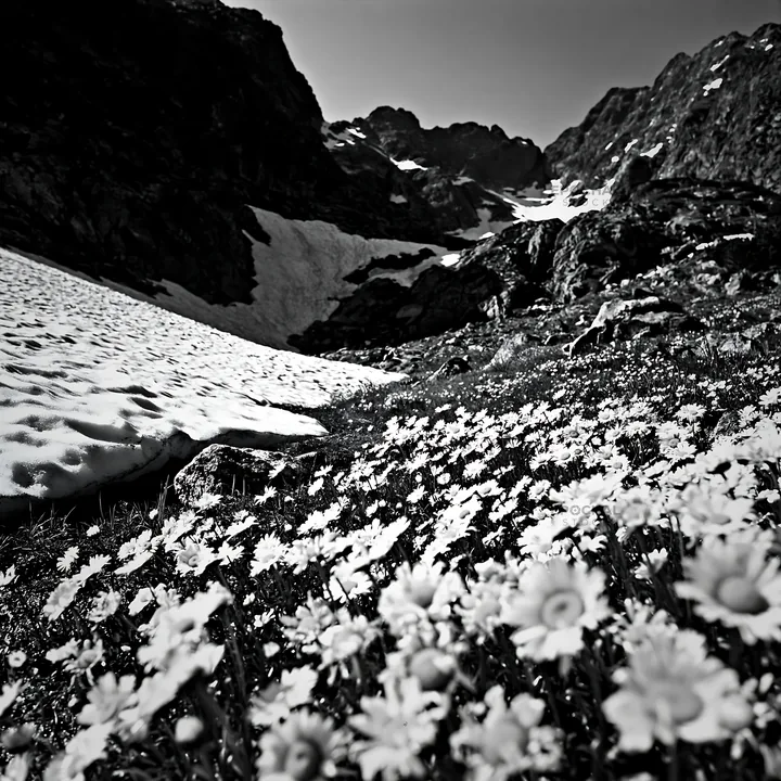 Colorful daisy meadow with mountains in the background - AI-generated stock image