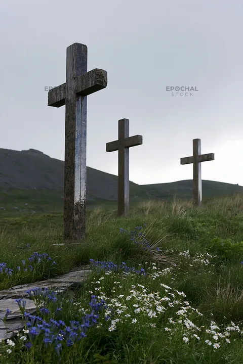 Christian crosses in rain-soaked meadow with flowers - AI-generated stock image