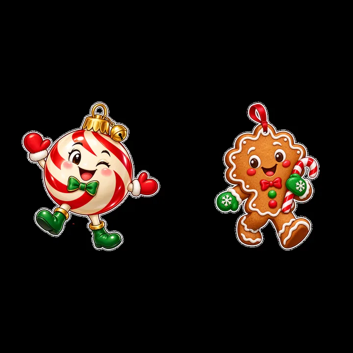 Cheerful Christmas ornament characters with festive colors - AI-generated stock image
