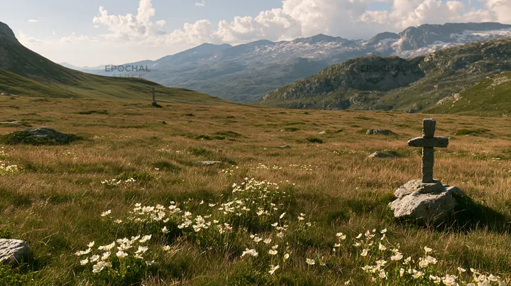 Stone Christian cross in alpine valley meadow - AI-generated stock image