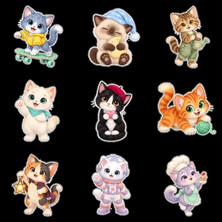 Kawaii cat characters in playful activities and outfits - AI-generated stock image