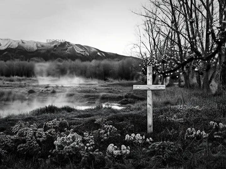Wooden Christian cross in hot spring meadow near mountains - AI-generated stock image