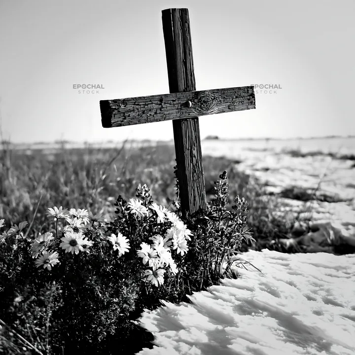 Weathered Christian cross in snowy meadow with flowers - AI-generated stock image