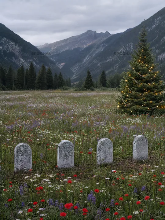 Christmas tree near graves in mountain valley meadow - AI-generated stock image