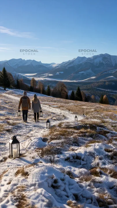 Couple walking on snow path in a colorful Christmas meadow - AI-generated stock image