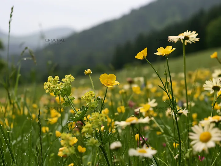 Colorful buttercup meadow filled with wildflowers - AI-generated stock image