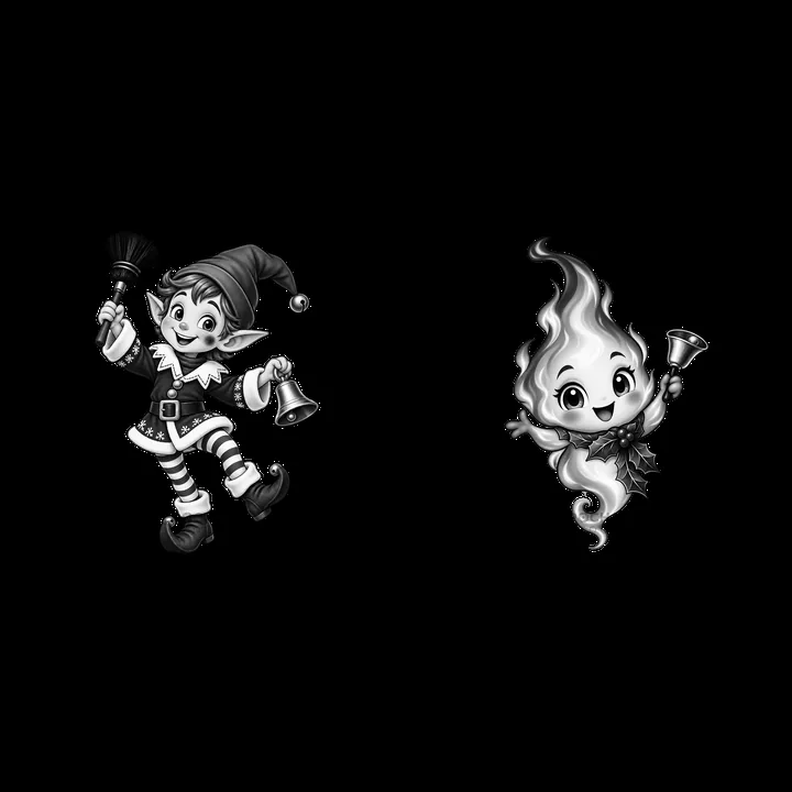 Cheerful elf and festive flame with bells at Christmas fireplace - AI-generated stock image