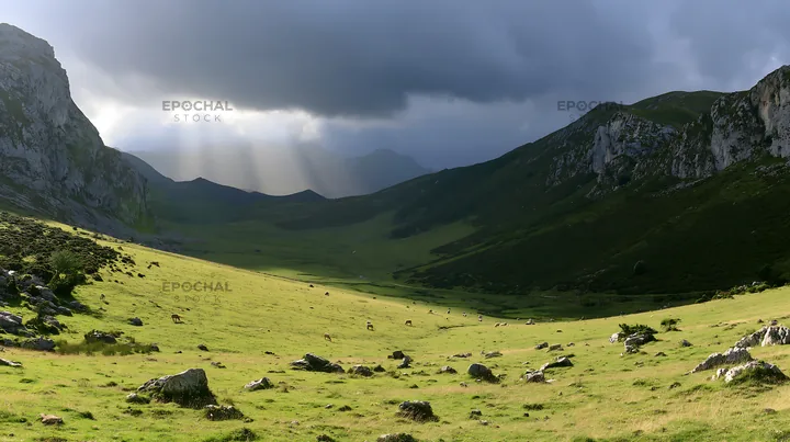 Sunrays over Picos de Europa meadow with grazing sheep - AI-generated stock image