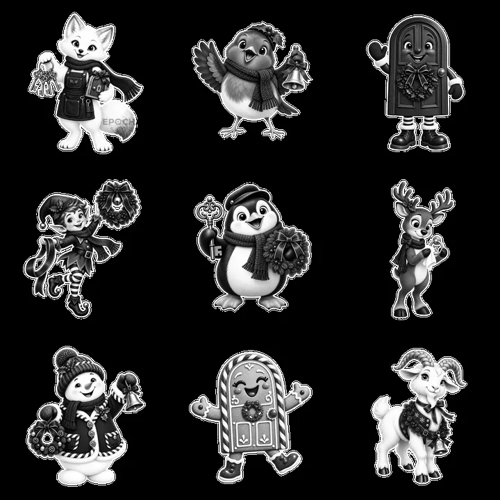 Christmas door cartoon sticker collection with animals and characters - AI-generated stock image