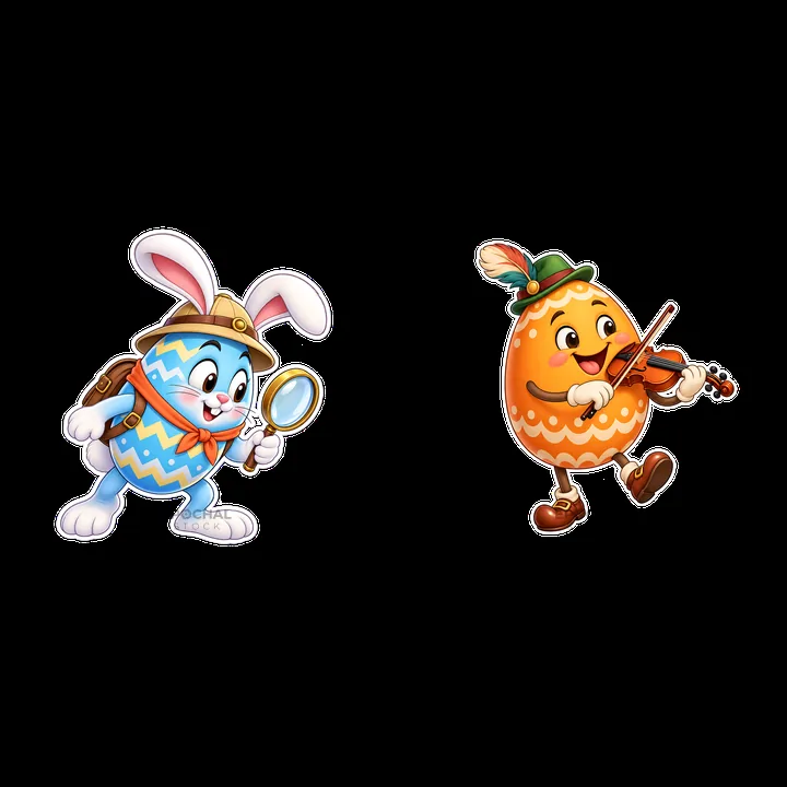Easter bunny with magnifying glass and musical egg character - AI-generated stock image