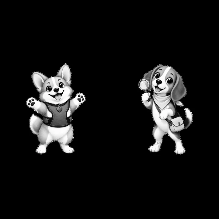 Two cute K-9 dogs in playful poses with accessories - AI-generated stock image