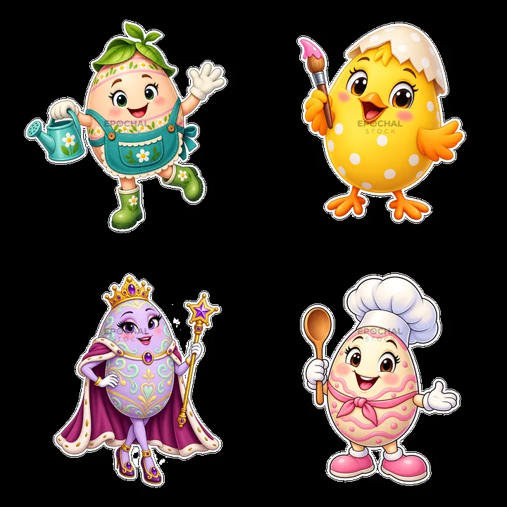 Colorful cartoon Easter egg characters in playful poses - AI-generated stock image