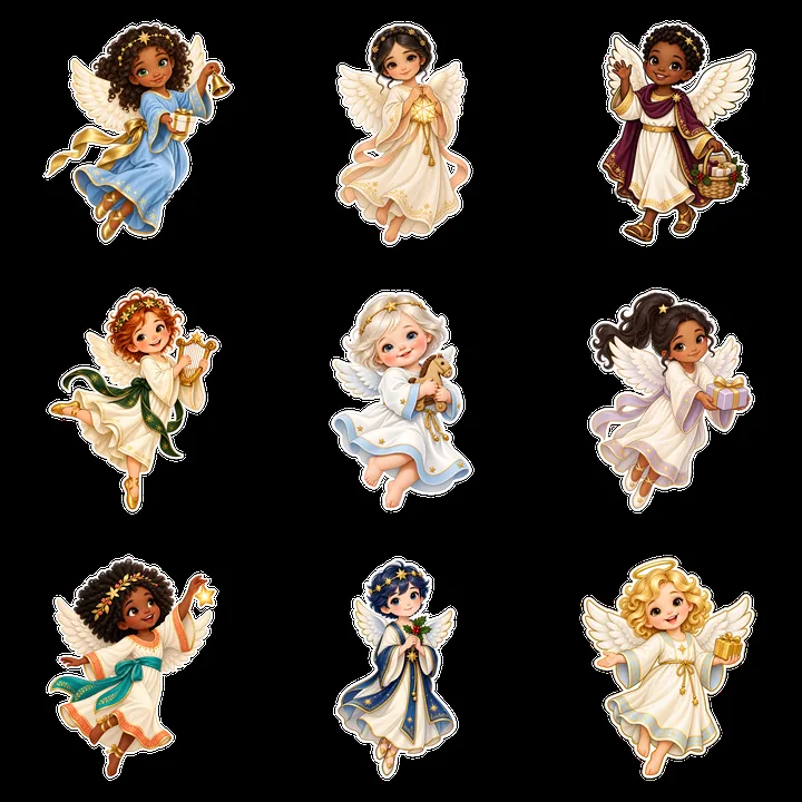 Christ Child characters as cartoon stickers in a 3x3 layout - AI-generated stock image